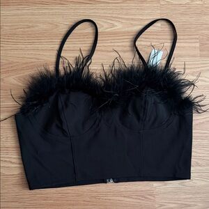 Aqua Black Feather-Trim Bustier Crop Top